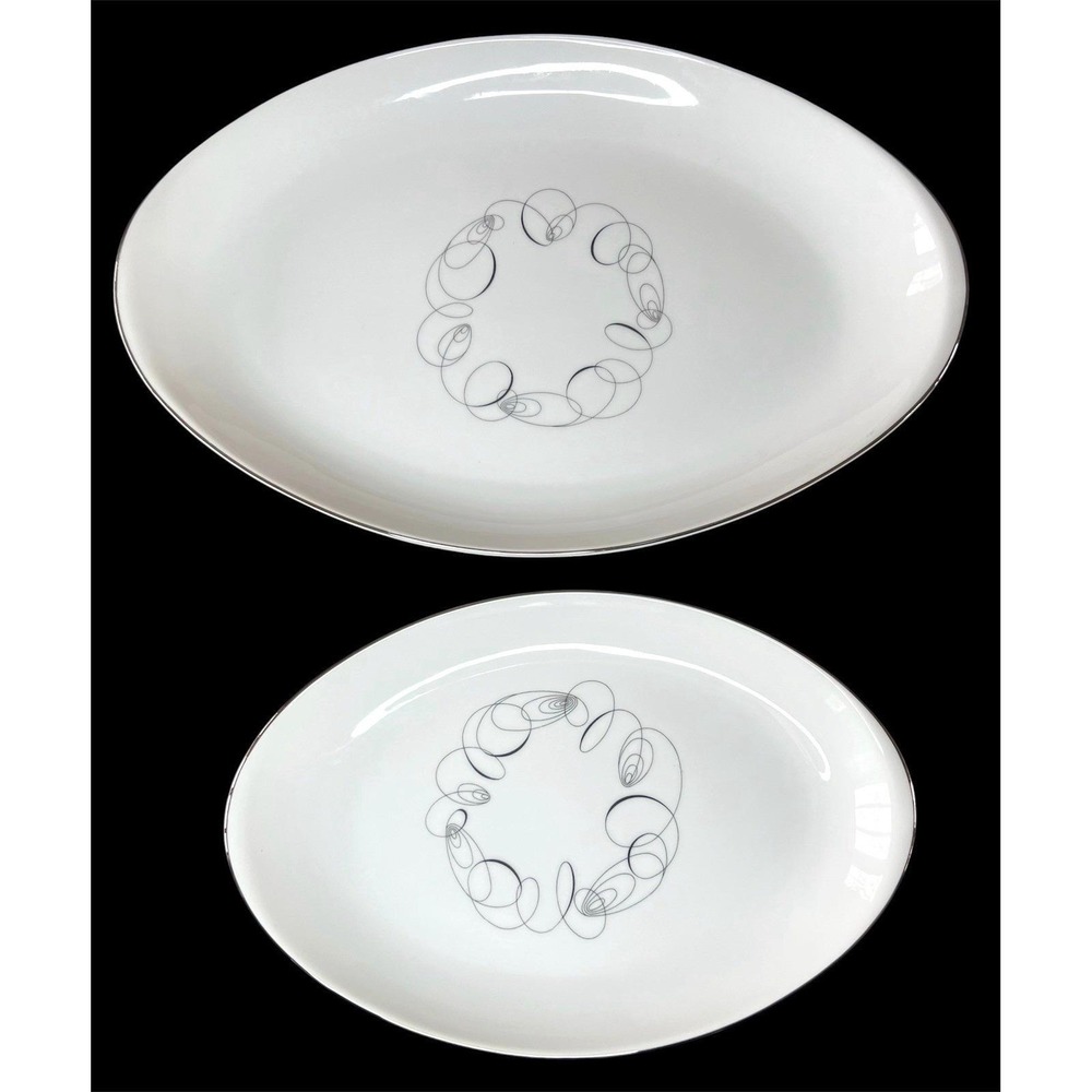 2 Tempo by Meito Japan White With Platinum Trim Swirl Serving Platters EUC